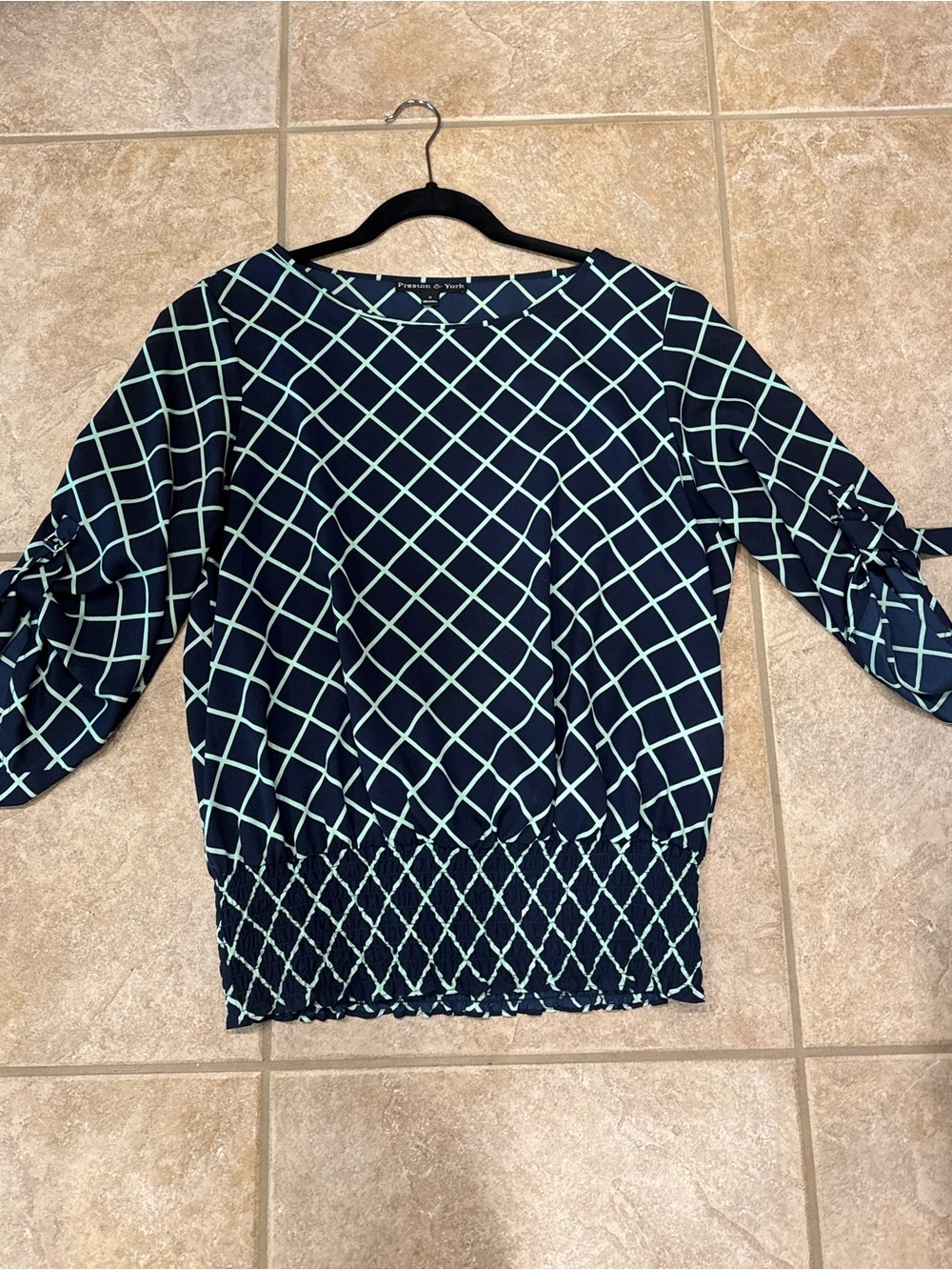 Preston & York Navy Blue Blouse with Mint Grid Print